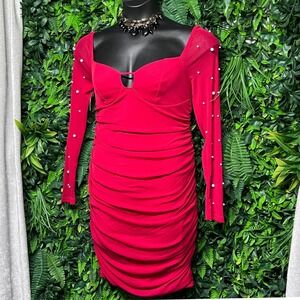 Pearl Detail Womens XL Red Ruched Long Sleeve Sheer  Bodycon Mini Dress 3277‎